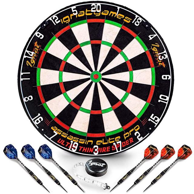 Professional Dart Board Set - Bristle/Sisal Tournament Dartboard with Complete Staple-Free Ultra Thin Wire Spider + 6 Steel Tip Darts + Darts Measuring Tape + Darts Guide (Assassin Elite Pro)