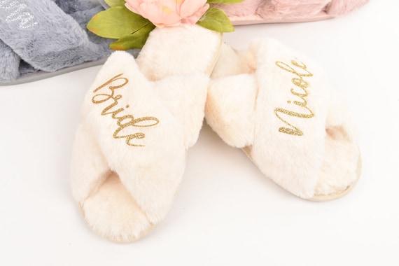 Personalized Bridal Slipper Bridesmaid Gifts Bridal Shower Wedding Bridesmaid Fluffy Bachelorette Hen Fluffy Slippers Mother gifts birthdays