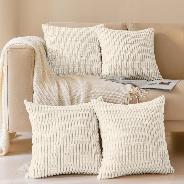 Softalker Throw Pillow Covers 18x18 Inch, Set of 4, Corduroy Soft Striped Farmhouse Boho Pillow Cover, Modern Decorative Cushion Pillow Case for Couch Sofa Bedroom Living Room(Cream)