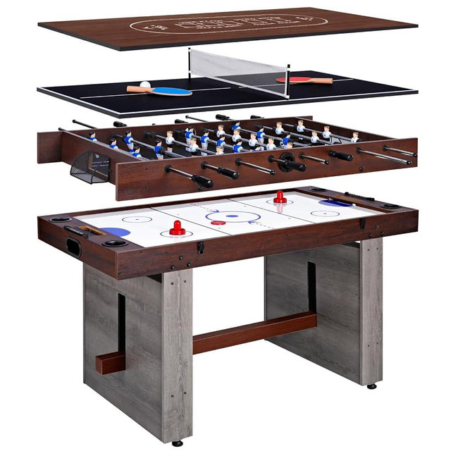 4-in-1 Combo Game Table 55" Multi-Game Table with Foosball, Electric Air Hockey (Powerful 700mA Motor), Ping Pong & Poker Great for Home & Game Room Fun