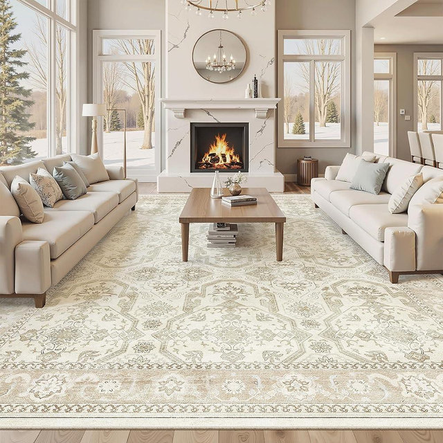 Soalmost 10x14 Area Rugs for Living Room, Non Slip Machine Washable Vintage Rugs, Low Pile Lightweight Large Rug for Bedroom, Dining Room, Home Office Beige/Brown