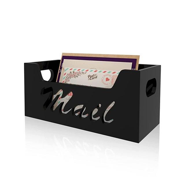 Black Acrylic Mail Letter Holder Box - wishacc Vertical Bill & Envelope Sorter Basket for Countertop and Desktop, Decorative Tabletop File Folder & Paper Storage Organizer Tray
