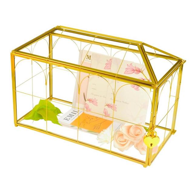 BAERRYNA Gold Wedding Glass Card Box with Lock and Slot - Wedding Envelope Card Holder for Reception Clear Lock Box with Key Wedding Gold Glass Card Holder Handmade Vintage Wedding Card Box