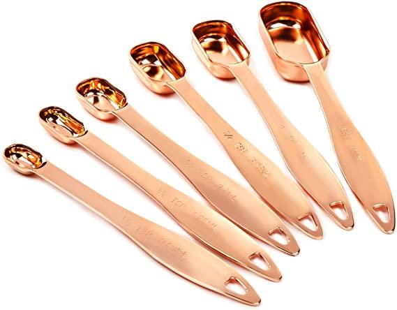 Copper-plated Measuring Spoons, Set of 6 - Extra Sturdy, Heavy Duty. Narrow Shaped Long Handles Fit Small Jars. Copper-Plated Stainless Steel. Mirror Polished Copper / Rose Gold Finish. By Copper Gemz