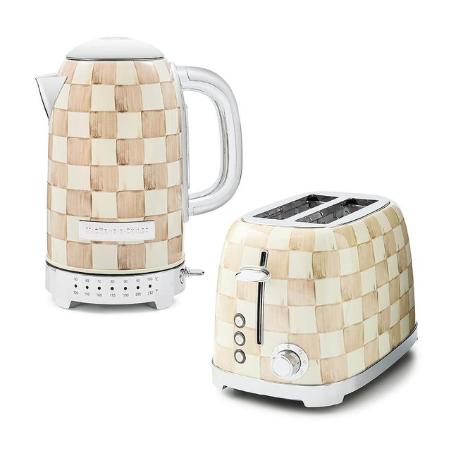 MACKENZIE-CHILDS Stainless-Steel Electric Kettle Bundle with Stainless-Steel 2-Slice Toaster, Brown-and-White Mocha Check