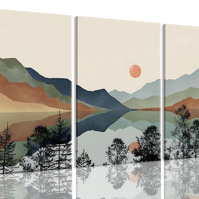 Bwodke Canvas Wall Art Framed Mountain Wall Art Set of 3 Boho Watercolor Nature Landscape Picture Decor Sun Forest Abstract Prints Artwork Painting for Living Room Bedroom Office 12"x16"
