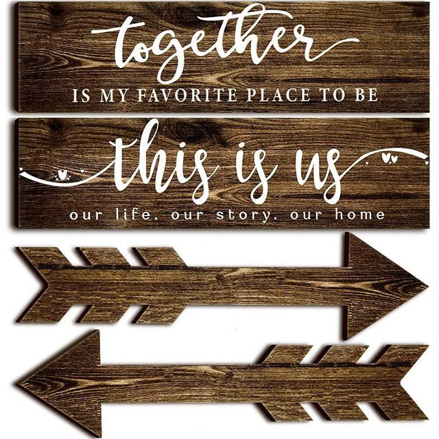 4 Pieces This is Us Our Life Our Story Rustic Wood Signs Together Wooden Wall Sign Wooden Arrow Hanging Signs Art Signs Farmhouse Entryway Signs for Bedroom Living Room, 15 x 4 x 0.2 Inch (Brown)