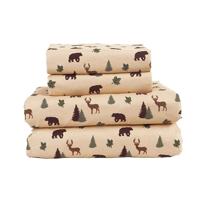 4-Piece Rustic Queen Microfiber Bed Sheet Set Deep Pocket Bedding Cabin Lodge Bear Deer, Green Brown Tan