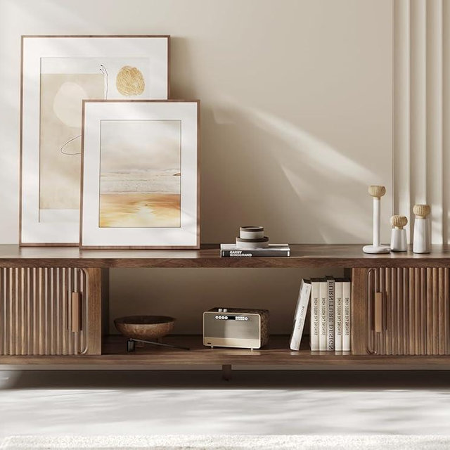 GOUUN Mid Century Modern TV Stands for 65/70/75 Inch TV, Boho Media Console for Living Room, Fluted TV Entertainment Center with Storage, Wood Television Cabinet for Bedroom