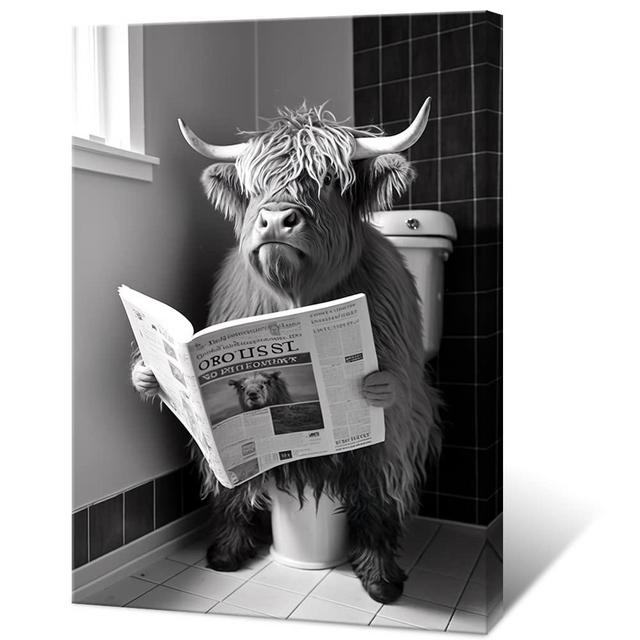 KOEUIRW Funny Highland Cow Bathroom Canvas Wall Art Black and White Longhorns In Toilet Aesthertic Poster Vintage Cute Animal Print Painting Modern Farmhouse Wall Decor for Bathroom12x16in Unframed