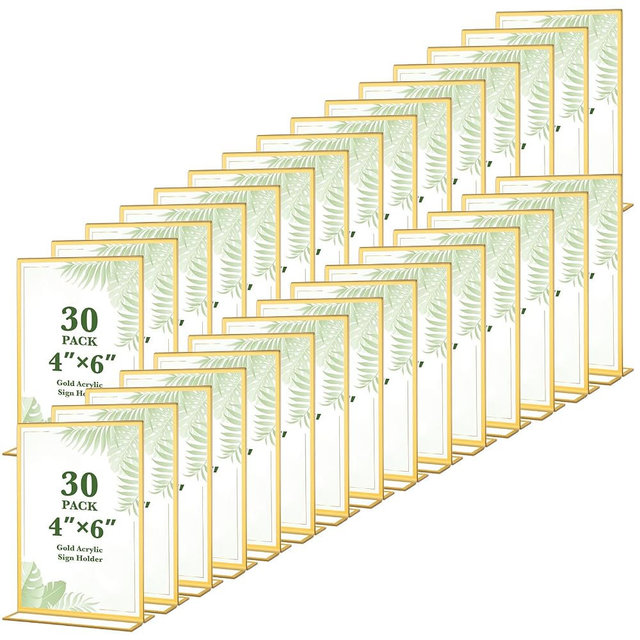 Alffun 30 Pack 4x6 Gold Acrylic Sign Holders, Double Sided Clear Frames for Wedding Table Numbers, Menu Displays, Photo and Art Showcase for Restaurant, Office, Events