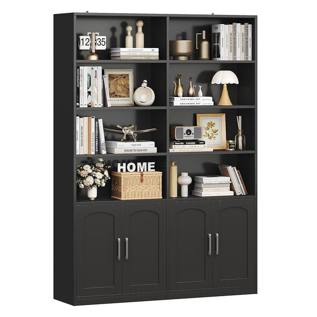 FACBOTALL Bookshelf and Bookcase with Doors, 6 Tier Double Wide Large Bookshelves, Open Display Shelves, 73'' Tall Bookshelf with Storage Cabinets for Home Office, Living Room, Library, Black