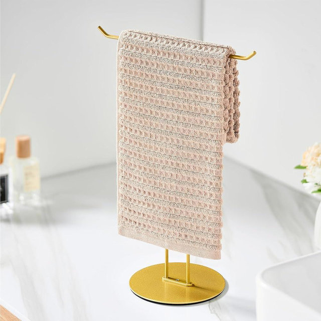 T-Shaped Hand Towel Holder Stand – Countertop Stainless Steel Towel Rack with Non-Slip Base for Bathroom, Kitchen, Vanity, Shiny Gold