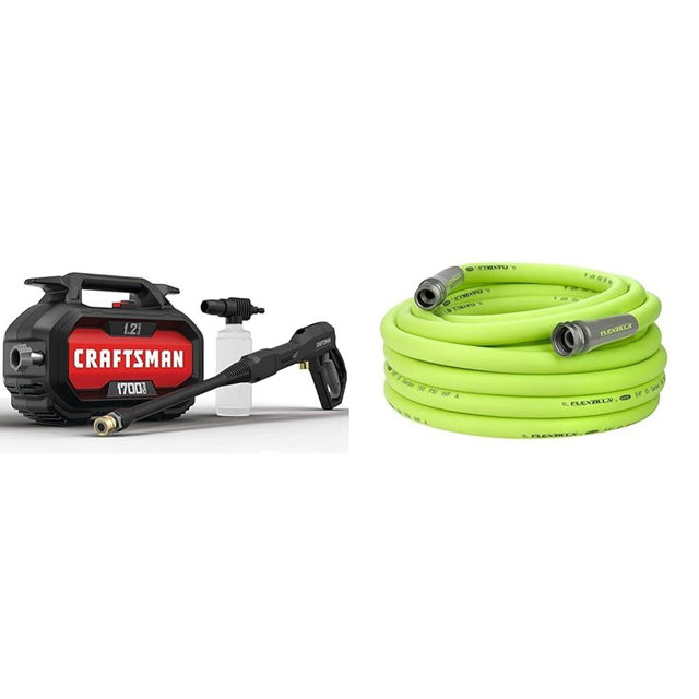 Craftsman Electric Pressure Washer, Cold Water, 1700-PSI, 1.2-GPM, Corded (CMEPW1700) & Flexzilla Garden Hose 5/8 in. x 50 ft, Heavy Duty, Lightweight, Drinking Water Safe, ZillaGreen - HFZG550YW-E