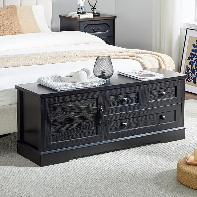 SOOWERY 48 Inch End of Bed Storage Bench, Farmhouse Bed Bench with Drawers and Cabinet, Rustic Shoe Storage Bench for Entryway, Bedroom,Living Room, Black