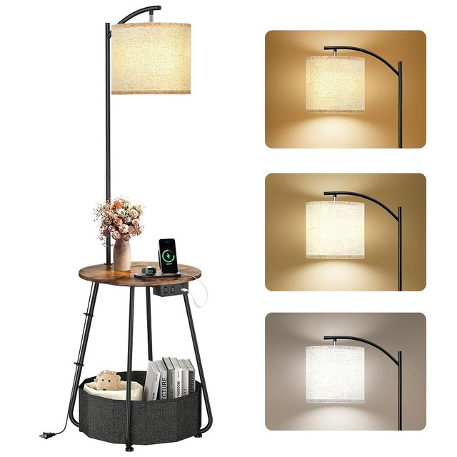 LUTEC Floor Lamp with Table, End Table with Charging Station(USB & Type-C & AC Port), Round SideTable with Fabric Basket, 3 Color Temperatures 9W LED Bulb, Modern Nightstand for Bedroom, Living Room