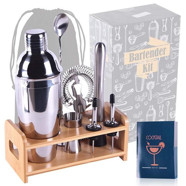 MAISON HUIS Professional Bartender Kit 8 Pcs, Bartending Kit Stainless Steel Drink Shakers,Premium Bar Tool Set with Stylish Bamboo Stand&Recipes&Bag,Perfect Home Martini Cocktail Shaker Set(Silver)