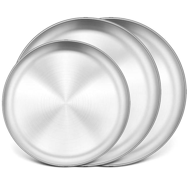 P&P CHEF 12 + 13.5 + 13.5 Inch Pizza Pan, 3 Pieces Stainless Steel Round Pizza Tray Dish Plate For Oven Baking Roasting, Healthy & Heavy Duty, Rust Free & Dishwasher Safe -Silver