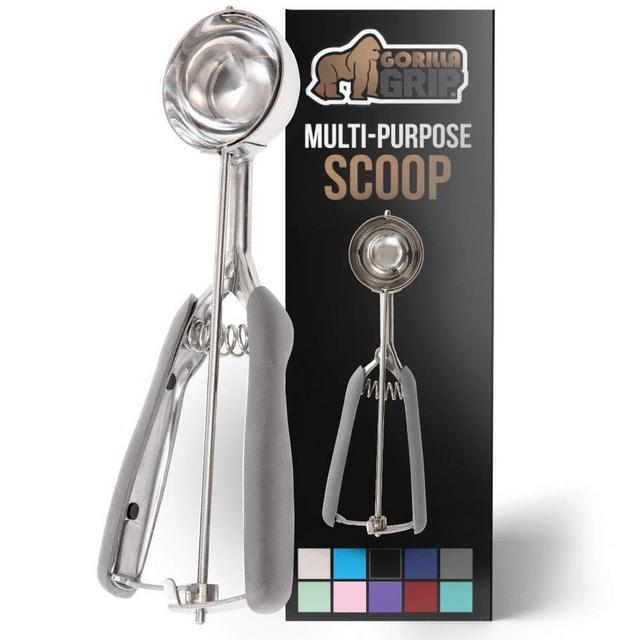 Gorilla Grip Premium Stainless Steel, Spring-Loaded Scoop for Fruit, Cookie and Ice Cream, Easy Squeeze and Clean Release, Comfortable Handle, Medium, 2 TBSP Scooper Size 30, Uniform Portions, Gray