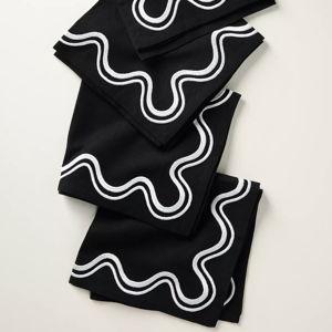 Anthropologie | Madeline Embroidered Napkins, Set of 4, Licorice (Black w/ White Trim)
