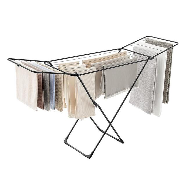 SONGMICS Clothes Drying Rack, Metal Laundry Drying Rack, Foldable, Space-Saving, Free-Standing Airer, with Gullwings, Indoor Outdoor Use, Bed Linen Clothing, Black ULLR540B01