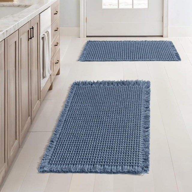 MIULEE Set of 2 Waffle Bathroom Rugs, Boho Bath Rugs Non Slip Washable, Super Absorbent Bath Mats, Ultra Soft Rubber Backed Shower Mats for Bathroom Floor, Tub and Shower, Blue, 17x24 Inch