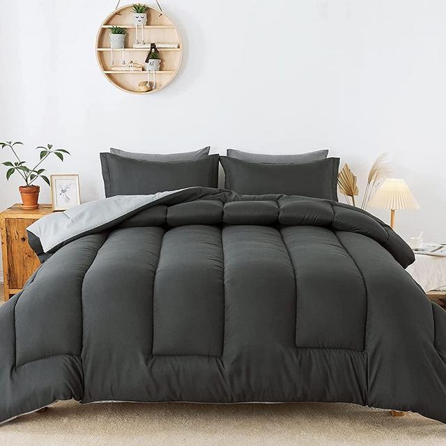HYLEORY Reversible Comforter Set Queen Size with 2 Pillow Shams - Cooling Down Alternative Bed Comforters for All Season - Lightweight - Machine Washable - Dark Grey