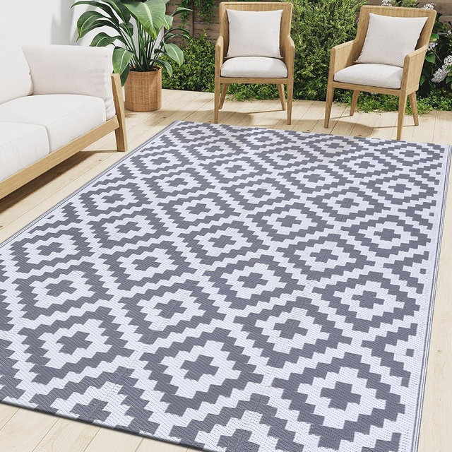Smiry Waterproof Outdoor Rug 8x10 ft, Reversible Plastic Straw Patio Camping Rugs, Outdoor Indoor RV Mat Carpet for Patio, Outside Entry, Backyard, Deck, Bench, Picnic, Camper, White & Grey