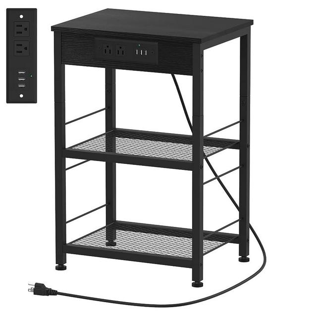 Black Nightstand with Charging Station Industrial End Side Table with USB Ports and Power Outlets 3-Tier Sofa Bedside Table with Storage Shelves and Wood Tabletop for Bedroom Living Room Modern
