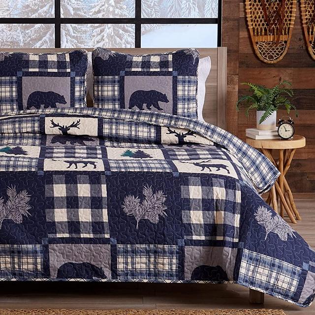 Lodge Bedspread Full/Queen Size Quilt with 2 Shams. Cabin 3-Piece Reversible All Season Quilt Set. Rustic Quilt Coverlet Bed Set. Stonehurst Collection. (Navy/Grey)