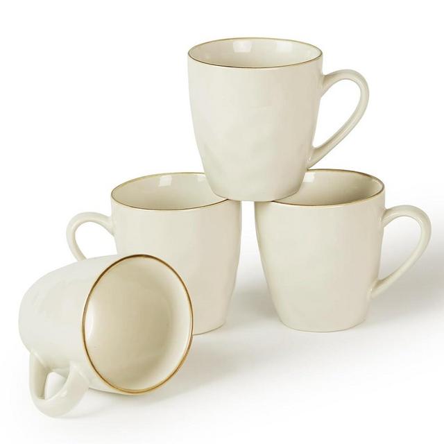 famiware Coffee Mugs Set of 4, Ocean Round 13oz Coffee Cup Set with Handle for Cocoa, Milk, Hot Chocolate, Tea or Water, Stoneware Cups for Kitchen, Microwave Dishwasher Safe, Vanilla White