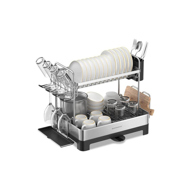 SONGMICS Dish Drying Rack - 2 Tier Dish Rack for Kitchen Counter with Rotatable and Extendable Drain Spout, Black