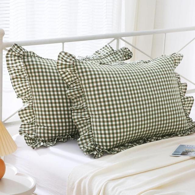 Mywinlle Green Plaid Ruffle Pillow Shams Standard Set of 2,Vintage Checkered Pillow Cases,Washed Cotton Bed Pillow Covers-20 x26