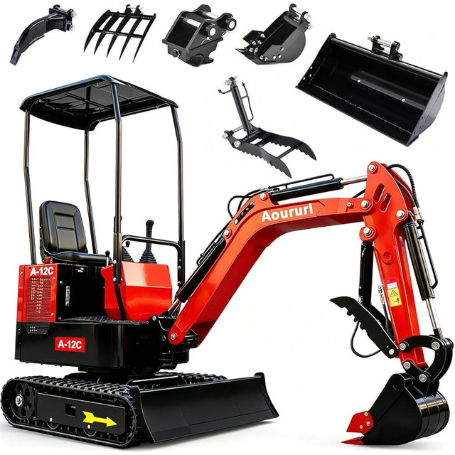 ‎Aoururl 1.4 Ton Mini Excavator with 6 Attachments, EPA Certified Compact Excavator with 13.5HP Gasoline Engine, Hydraulic Control, Mini Backhoe for Garden, Farm, Trenching, Landscaping