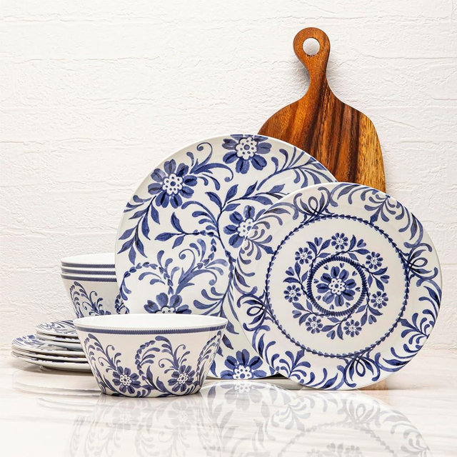 Bzyoo 12-Piece Melamine Dinnerware Set - Indigo Floral | Lightweight, Durable, BPA-Free | Dishwasher Safe Dish Set for Indoor & Outdoor Use - Perfect for Camping, BBQs, Kids Parties