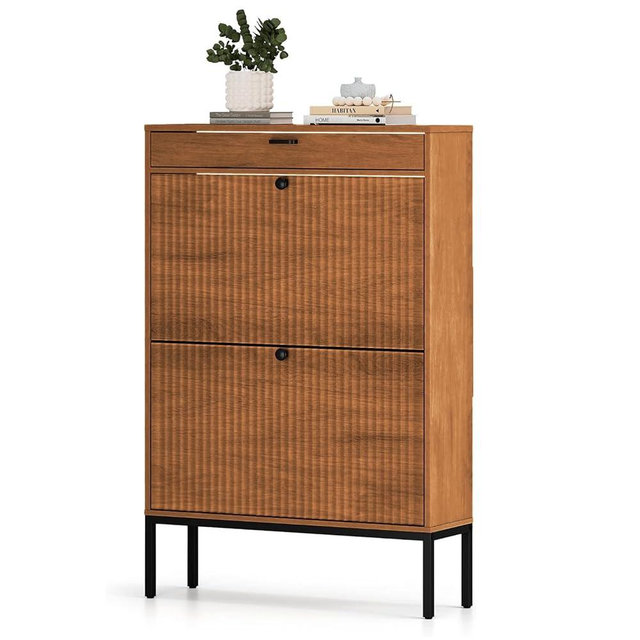 XIAO WEI Shoe Cabinet, Shoe Storage Organizer Cabinet with 2 Flip Wavy Line Drawers, Freestanding Shoe Rack with Adjustable Shelf for Entryway, (Walnut)