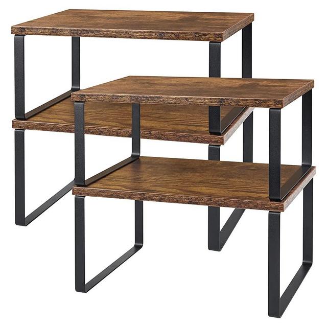 Set of 4 Counter Shelves Kitchen Stackable Cabinet Shelve Wood Organizer Expandable Counter Top Racks Brown Bathroom Counter organizer