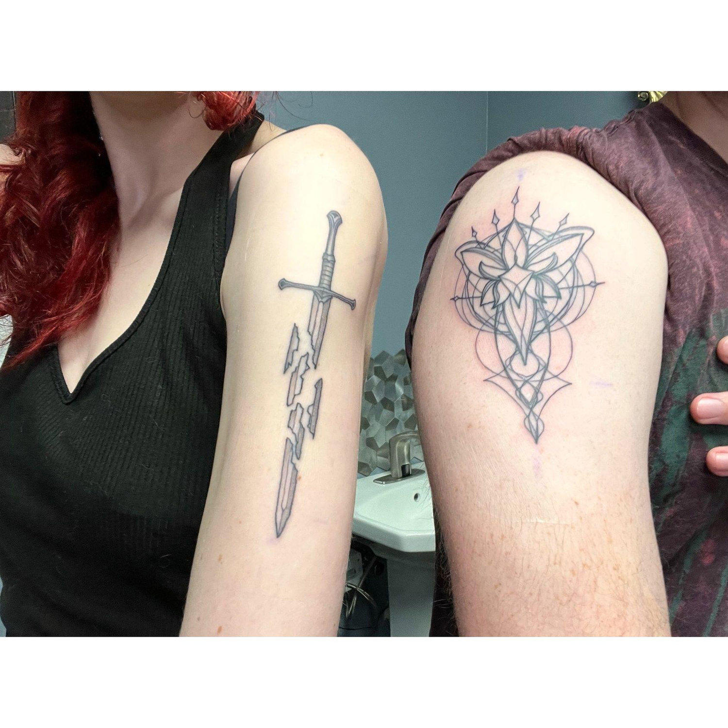 We got each other a Lord of the Rings tattoo for our 7th anniversary - Eileen has the Shards of Narsil, Noah has the Evenstar