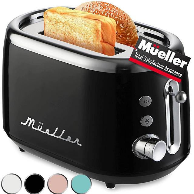 Mueller Retro Toaster 2 Slice with 7 Browning Levels and 3 Functions: Reheat, Defrost & Cancel, Stainless Steel Features, Removable Crumb Tray, Under Base Cord Storage, Black