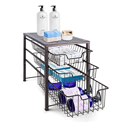 Simple Trending 3-Tier Under Sink Cabinet Organizer with Sliding Storage Drawer, Desktop Organizer for Kitchen Bathroom Office, Stackable,Bronze