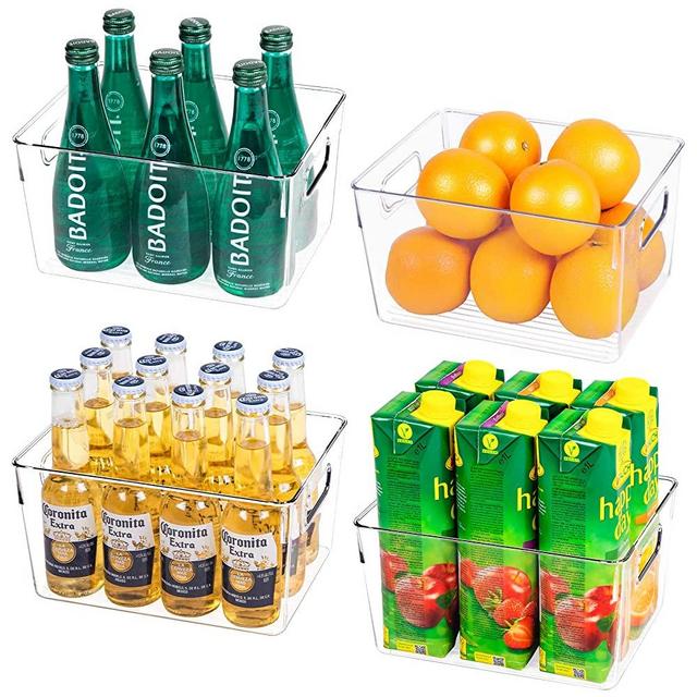 FOOYOO Refrigerator Organizer Bins - 4pcs Clear Refrigerator Organizer Bins with Handle, Large Refrigerator Organizer Bins Stackable for Pantry BPA Free (9.9” x 7.5” x 5.3”)