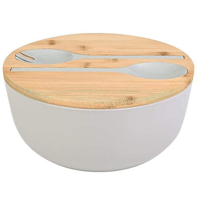 Bamboo Fiber Salad Bowl with Servers Set - Large 9.8 inches mixing bowls Solid Bamboo Salad Wooden Bowl with Bamboo Lid Spoon for Fruits,Salads and Decoration (Grey, 9.8INCH)