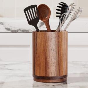 Utensil Holder, Acacia Wood Kitchen Utensil Holder for Countertop, 360°Rotating Cooking Utensil Crock for Kitchen Counter, 7.2" Large Utensil Organizer for Spatula