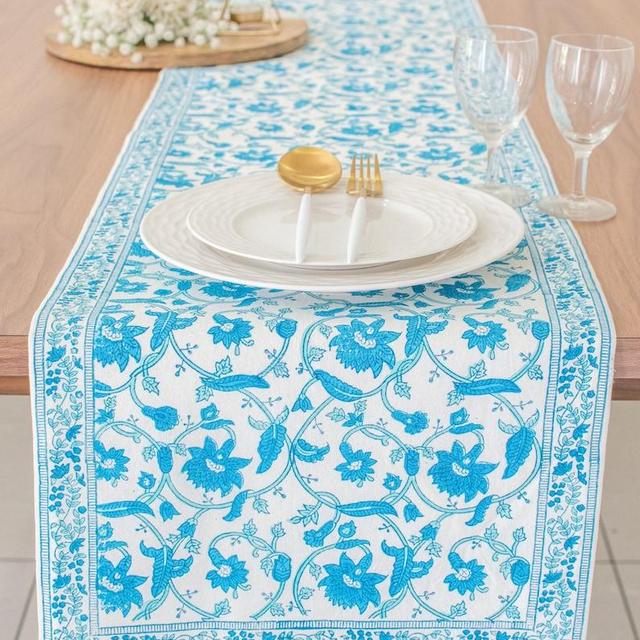 Blue Block Print Table Runner in Floral Pattern (14x80 inches)