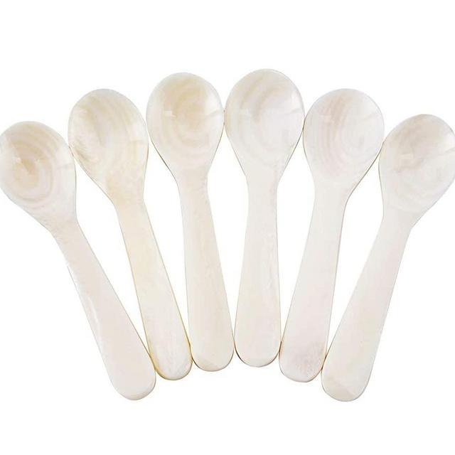 DUEBEL Set of 6 White Mother of Pearl Caviar Spoons for Caviar, Egg, Coffee Serving, Restaurant Serving Set (3.55)