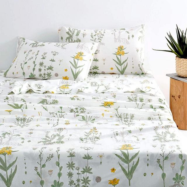 Wake In Cloud - Botanical Sheet Set, 100% Cotton Bedding, Yellow Flowers and Green Leaves Floral Garden Pattern Printed on White (4pcs, King Size)