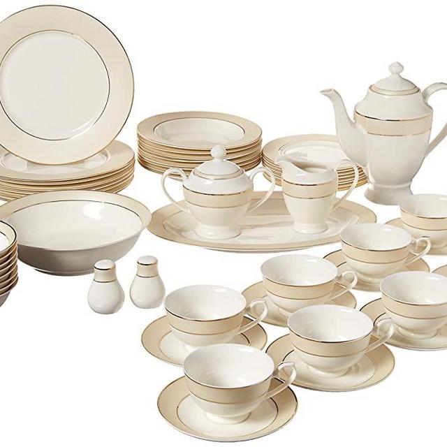 Lorren Home Trends La Luna Bone China 57-Piece Beige Border with 24K Gold Trim Dinnerware Set, Service for 8