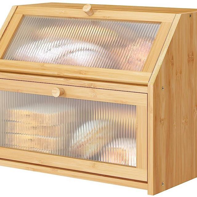 Vriccc Large Bread Box for Kitchen Counter, Double Layer Bamboo Wooden Large Capacity Bread Storage Bin with Acrylic Wavy Door Panel