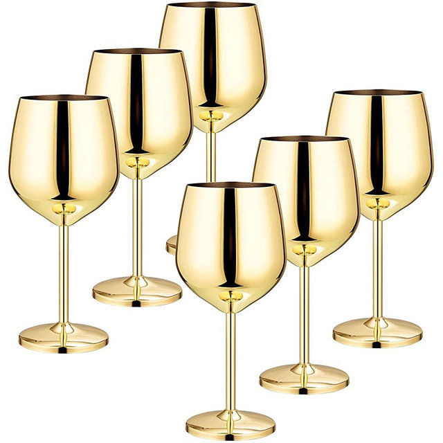 Set of 6 18 oz Stemmed Stainless Steel Wine Glass Unbreakable Gold Wine Glasses Gold Drinking Glasses Gold Wine Goblet Metallic Goblets for Outdoor Events Party Beach Pool Travel Wedding Anniversary