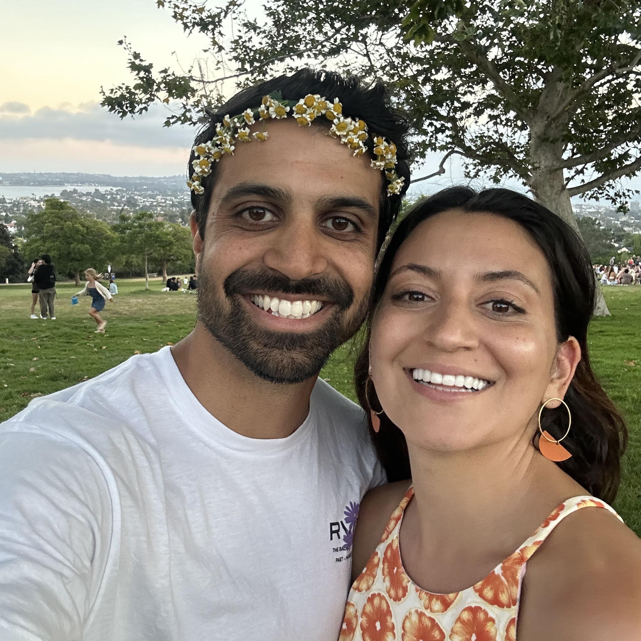 Flower crown on left, birthday girl on right